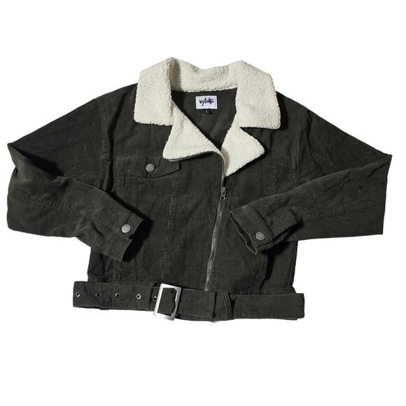 Vylette Green Corduroy Crop Jacket Sherpa Collar Womens Size Small - Picture 1 of 7